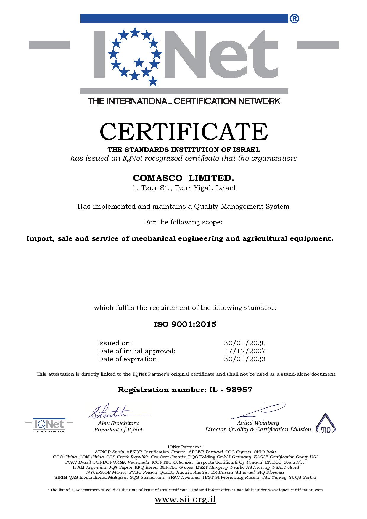 ISO 9001 Quality Management System certification by IQNET